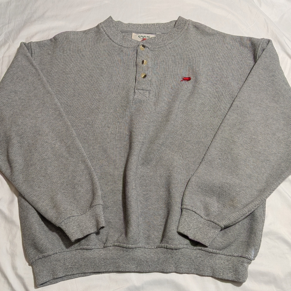 Vintage Cajun Clothing Tri Mountain Gray Pullover Sweater Crawfish Button Crew